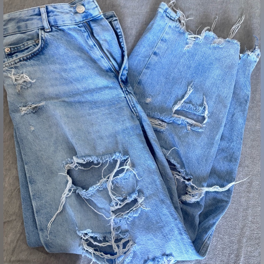 Bershka Ripped Light Blue Boyfriend Jeans